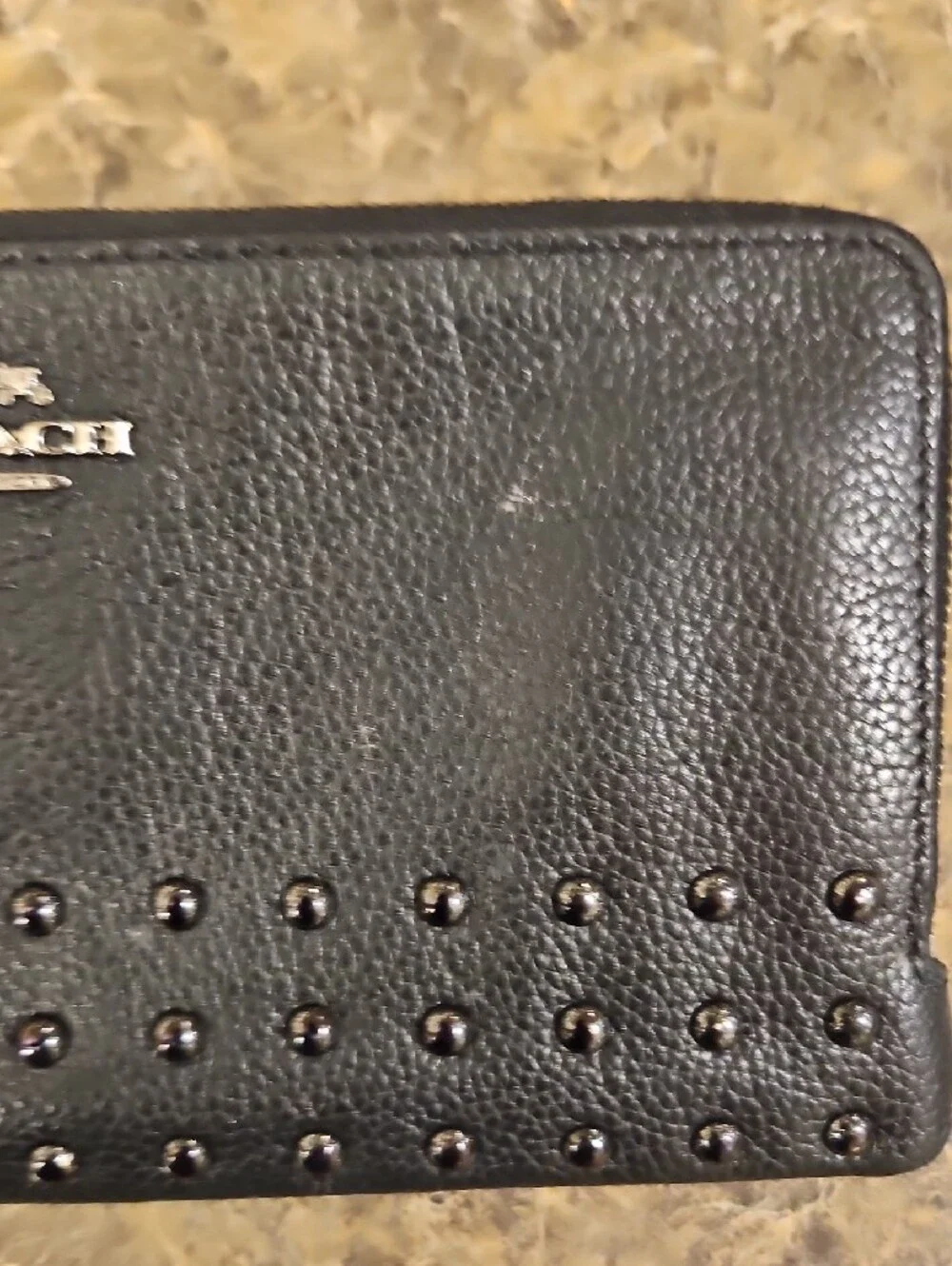 Coach Black Pebbled Leather Studded Wristlet Wallet